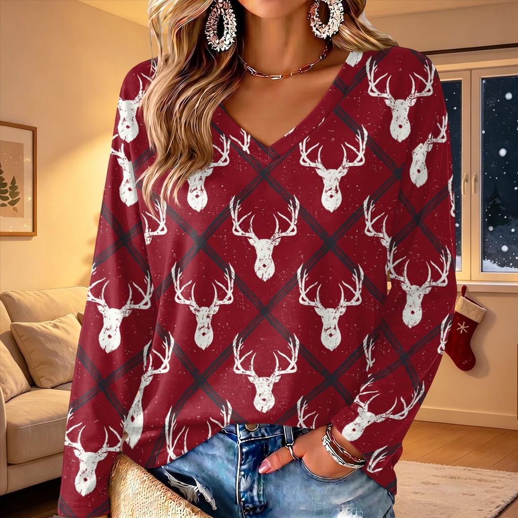 Women's V-Neck Long Sleeve Christmas Print Lightweight Blouse for Spring Summer