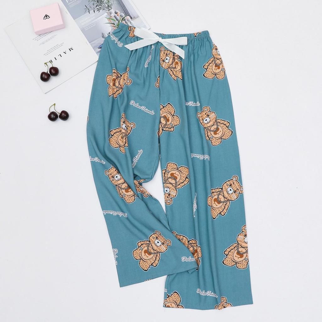 Women's Cotton-Silk Cartoon Pajama Pants, Summer Thin, Black & White Wide-Leg, Plus Size, Outdoor Beach Wear.