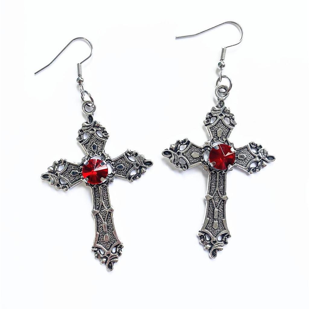 Popular Oversized Rhinestone Cross Earrings - Silver Tone Gothic Punk Fashion