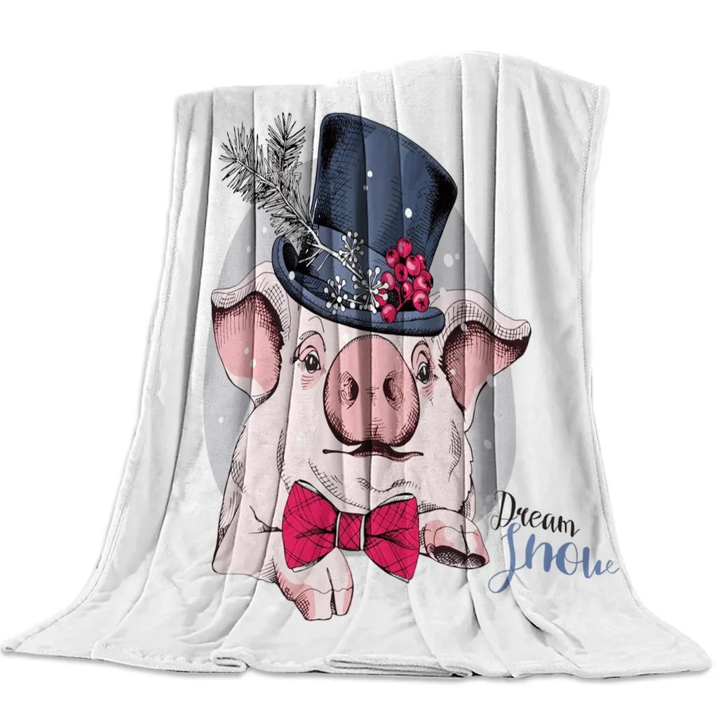 Pink Pig Flower Rose Flannel Blanket for Bed Sofa Portable Soft Fleece Throw Blankets Funny Plush Bedspread Queen King Twin Size