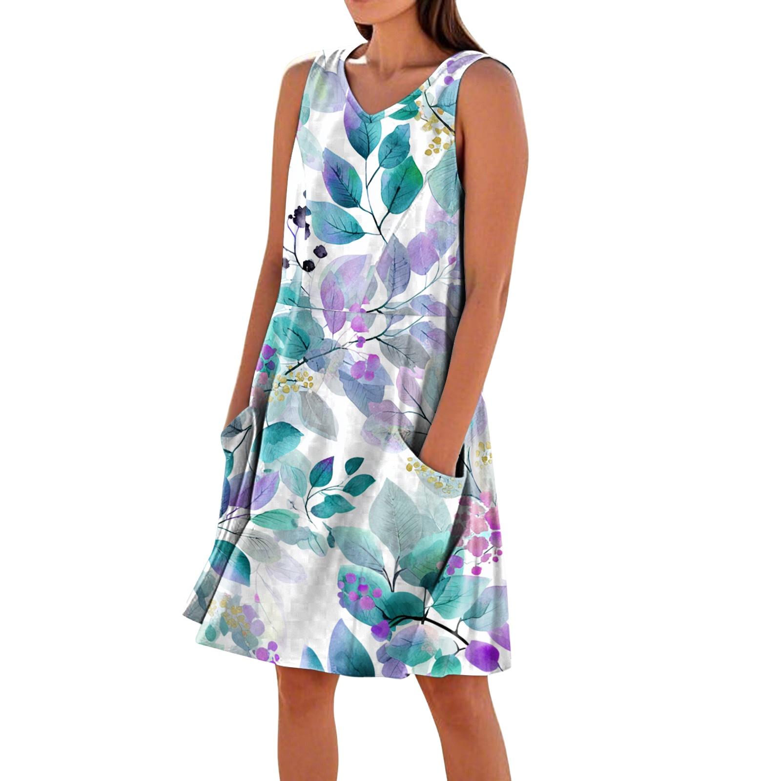 Women s Casual Printed Sleeveless V-Neck Pocket Dress M