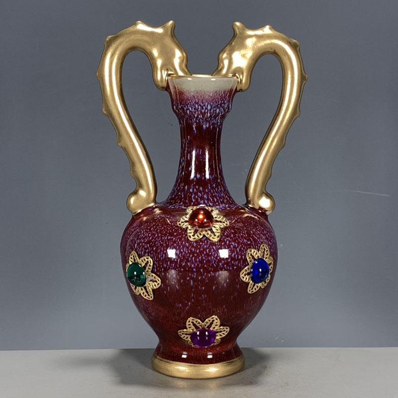 Antique Jun Porcelain Collection Song Dynasty Gilded Gemstone Double Dragon Ceramic Vase Decoration Home Living Room Ornaments