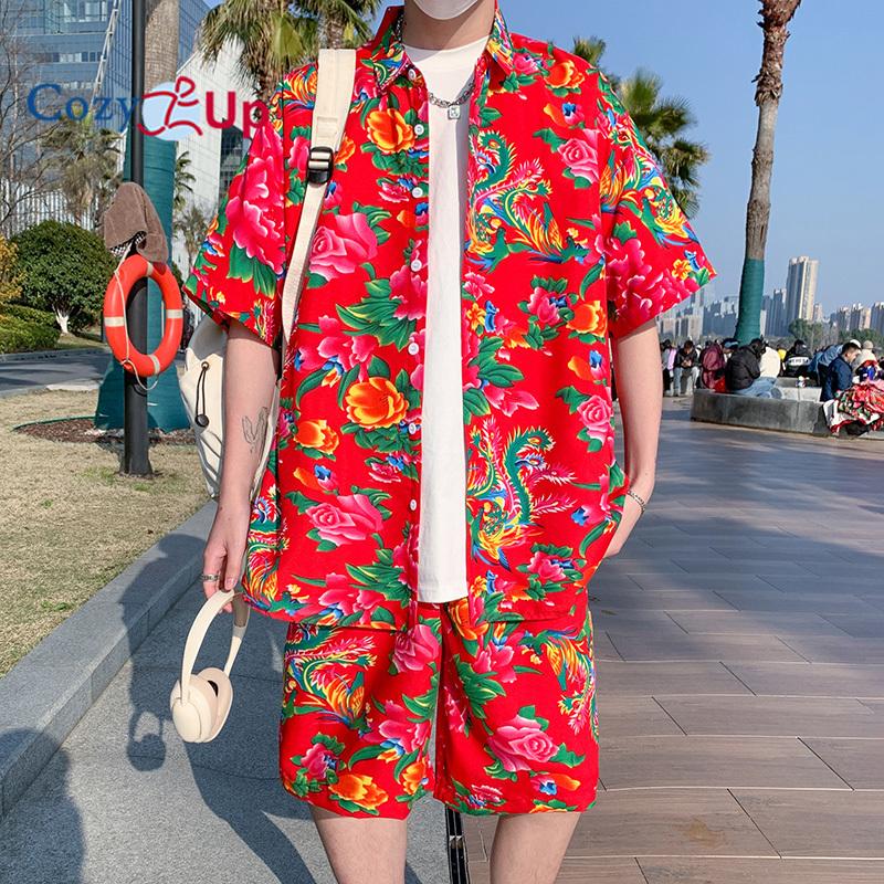 

Уютные мужские повседневные рубашки-рубашки на пуговицах с короткими рукавами, костюмы, пляжные комплекты из 2 предметов с цветочным принтом 4XL красный