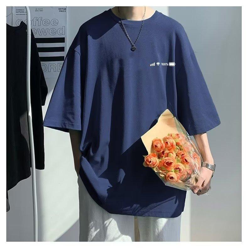 

Новая летняя футболка с короткими рукавами для мужчин, тренд в корейском стиле, простой топ с короткими рукавами, свободная повседневная брендовая футболка в гонконгском стиле 4XL темно-синий