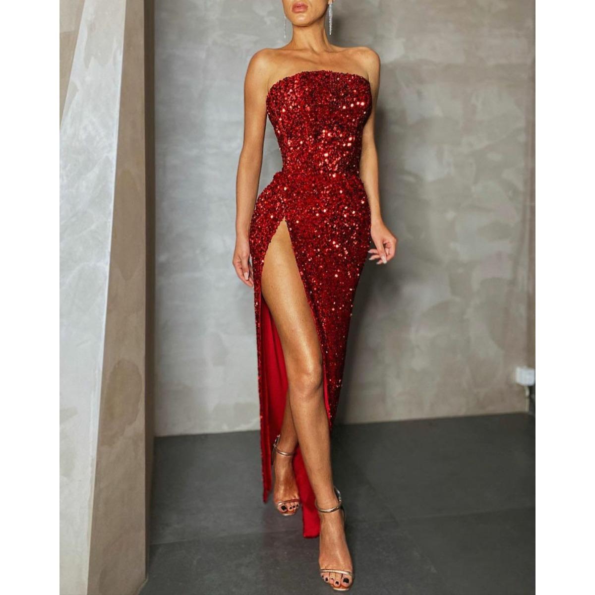 Women s Strapless Sleeveless Maxi Dress Bodycon High Rise Sexy Sequin High Slit Evening Gown S красный