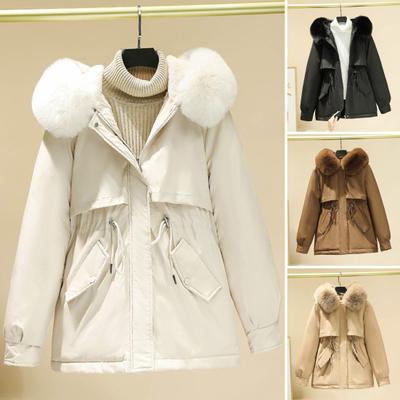 Winter Women Jacket Furry Hood Long Sleeves Padded Drawstring Waist Pockets Cotton Coat Zipper Closure Mid Length Solid Color Windproof Warm Coat