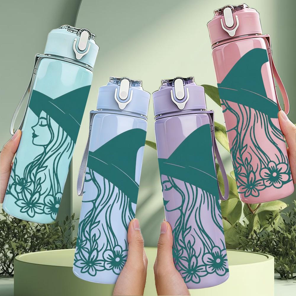 1PC Green Line Art Witch Girl 750ml Color Plastic Sports Water Bottle Leakproof Flip Straw Lid Suitable for Sports Office Home Use