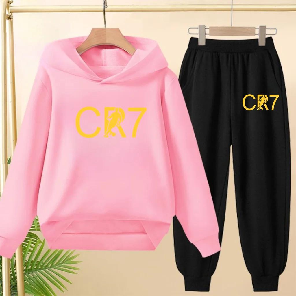 Kinder Gelb CR7 Fußball Idol Aufdruck Hoodie Set Jungen Mädchen Sport Jogging Freizeit Sweatshirt Oberteil mit Hose 2-teiliges Kleinkind Outfit