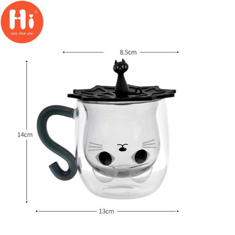 Hallo Doppelwandiges Glas Milch Saft Tasse Kreative Nette Katze Form Kaffeetasse Cartoon Paar Teetasse mit Deckel Haushalt Büro Drinkware