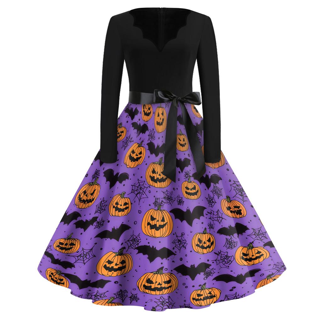 Women's Casual Vintage Halloween Print V Neck Long Sleeve Dress with Waist Tie and Flared Skirt for Everyday Wear