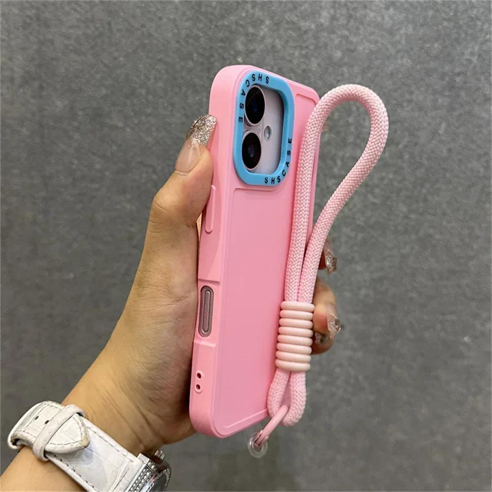 Luxury Wrist Strap Bracelet Lanyard Phone Case For iPhone 17 Air 15 16 Pro Max 14 13 12 11 Collision Color Lens Protector Cover