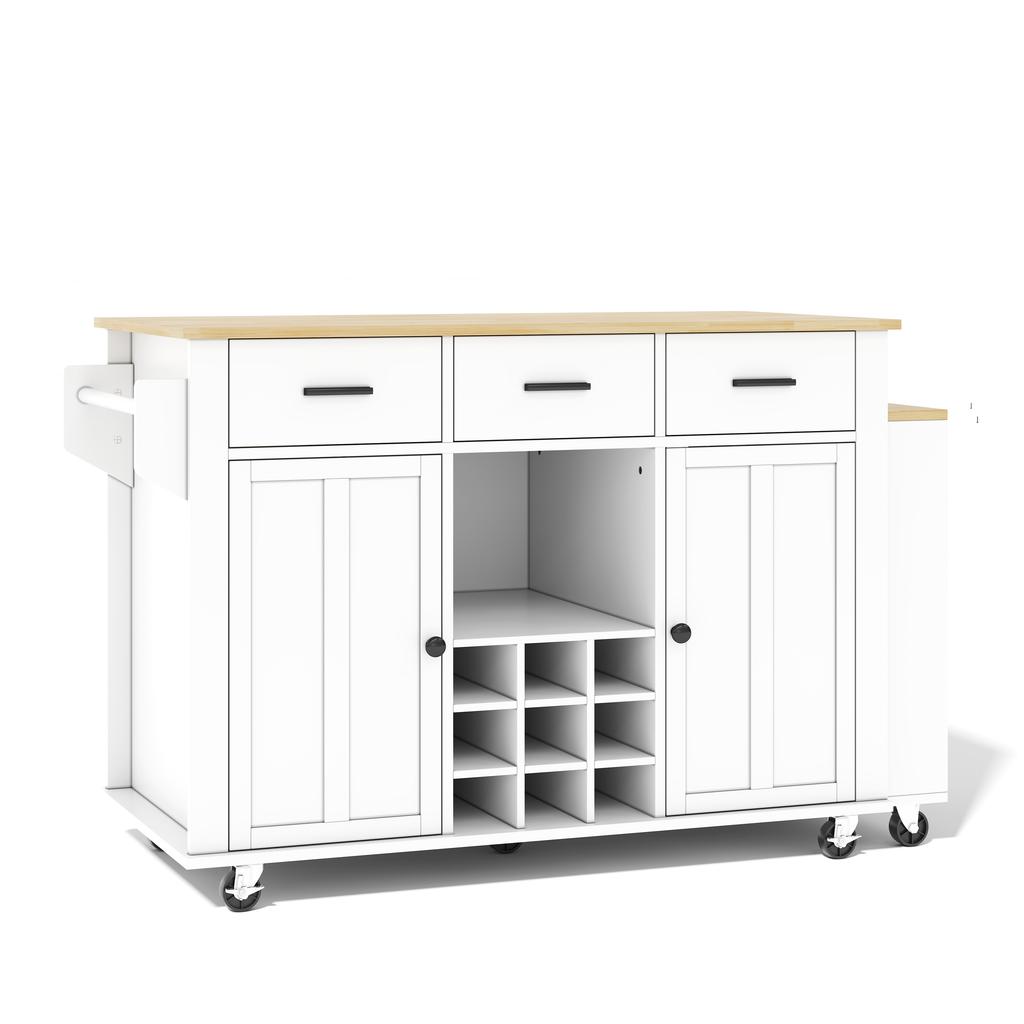 Kitchen island with pull-out worktop, 136(223)x50x93cm mobile kitchen island with 3 drawers, wine rack, socket with USB and 7 casters, white/oak