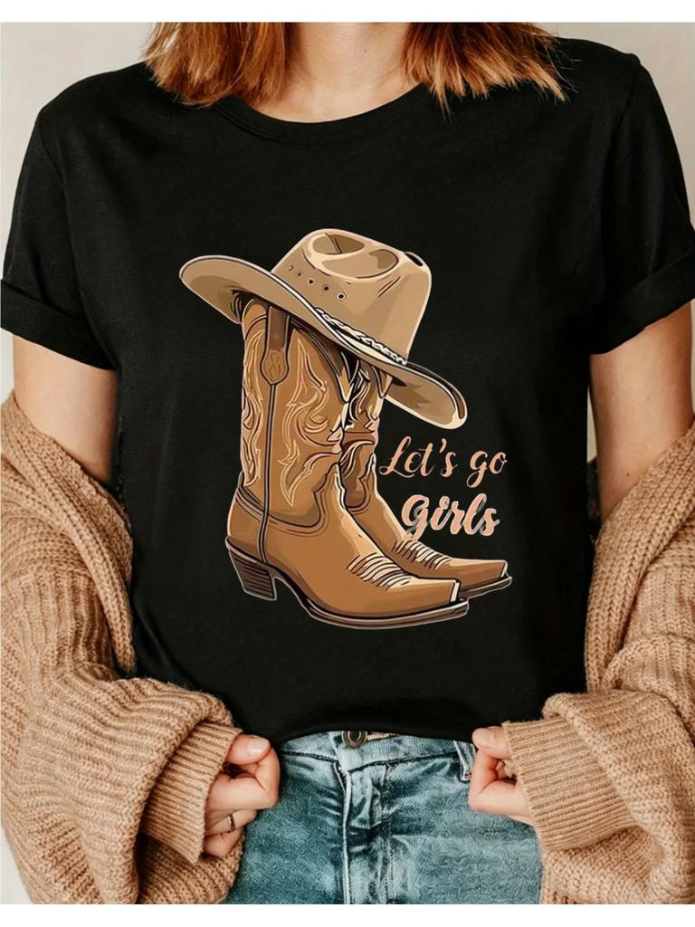 Vintage Western Cowboy Boots And Hats Let'S Go Printed T-Shirt Short-Sleeved Round Neck Women'S T-Shirt Suitable for Spr