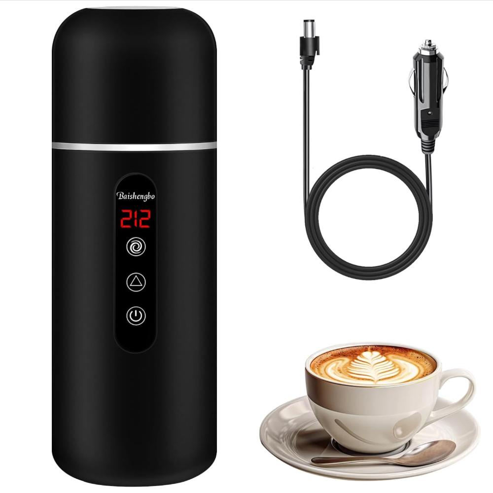 Electric Travel Kettle,12V/24V Car Coffee Warmer Kettle,Portable Hot Water Boiler,Small Hot Water Heater with Built-in Magnetic Induction Stirring