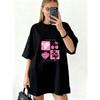 Oversized T Shirt Black Summer Vibes Cherry Flower Pattern And Text Graphic Print Casual Streetwear For Women