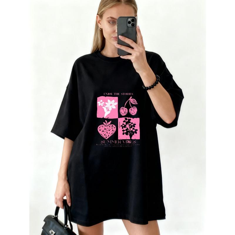 Oversized T Shirt Black Summer Vibes Cherry Flower Pattern And Text Graphic Print Casual Streetwear For Women