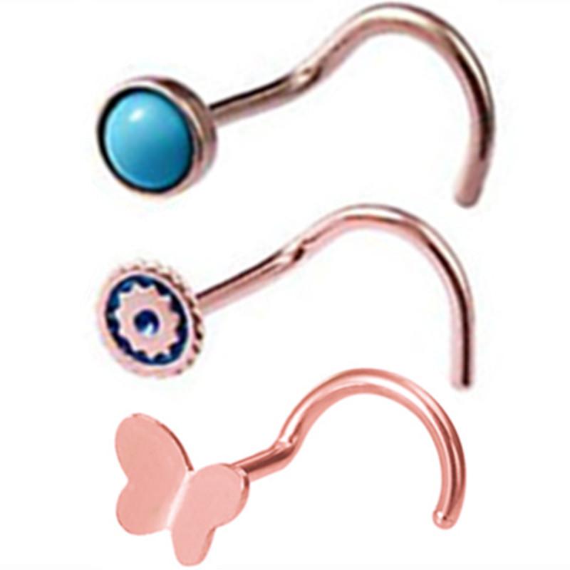 3PCS Pink Crystal Bend Nose Piercing Stud Set Spider Nose Ring Bulk Twist Butterfly Nose Rings And Studs Pack Piercing Nariz Lot