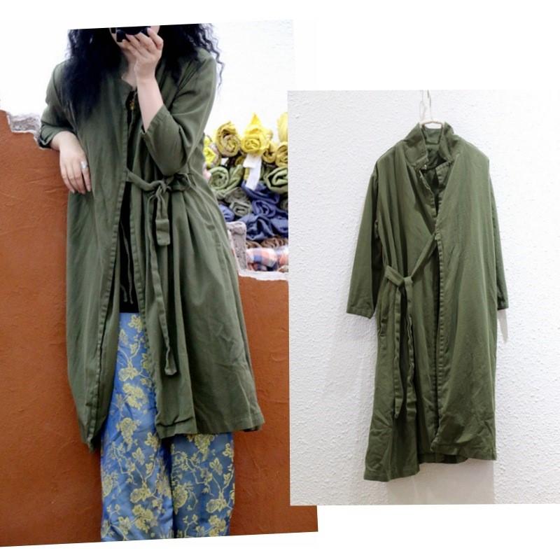 Johnature Dámské kabáty s bandáží v čínském stylu, jarní sedmirukávové stojáčkové vintage volné kabáty