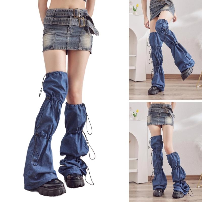 Punk Jeans Leg Warmers with Drawstring Bandage Harajuku Leg Cover Flared Over Knee Long Socks Streetwear for Women