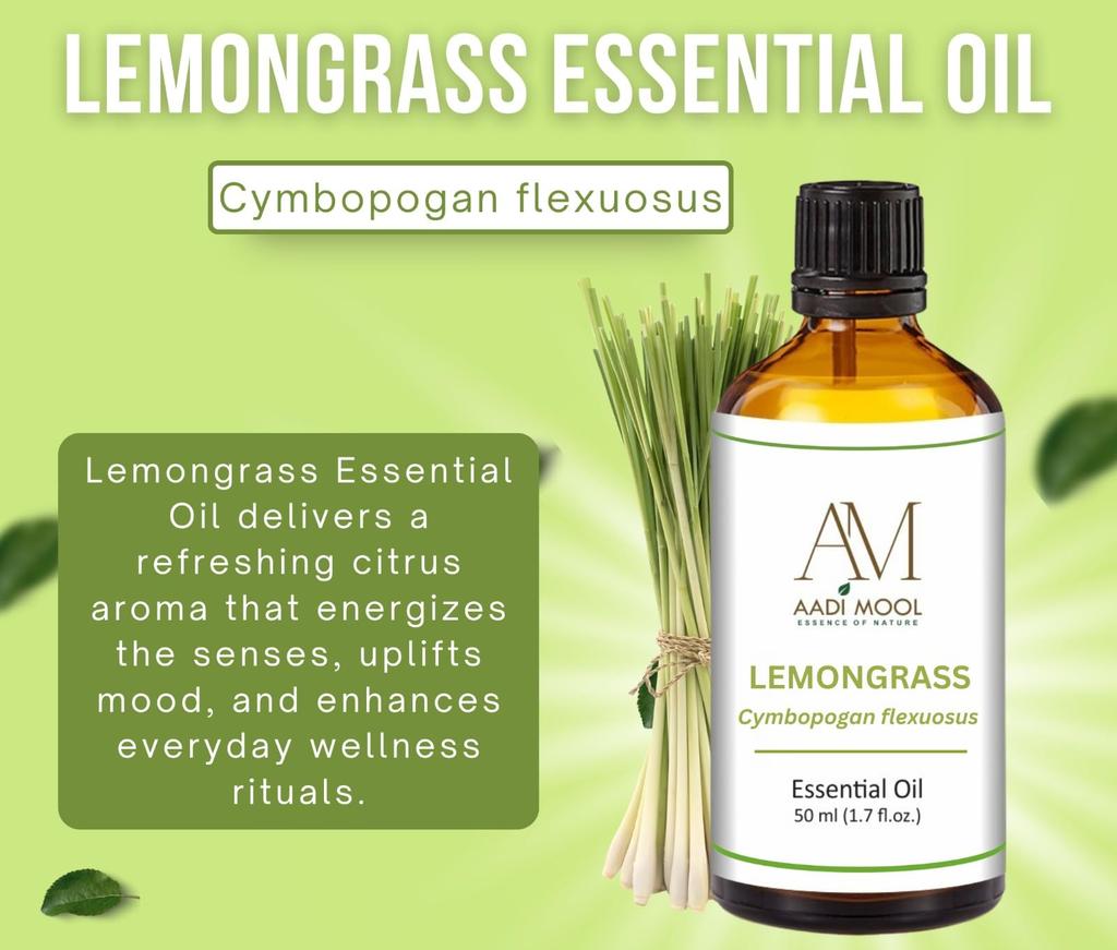 Aadi Mool Zitronengras ätherisches Öl | 100 % rein & natürlich, unverdünnt | Zitronengrasöl für Aromatherapie, Diffusor, Haut- & Haarpflege, Massage, Bad,