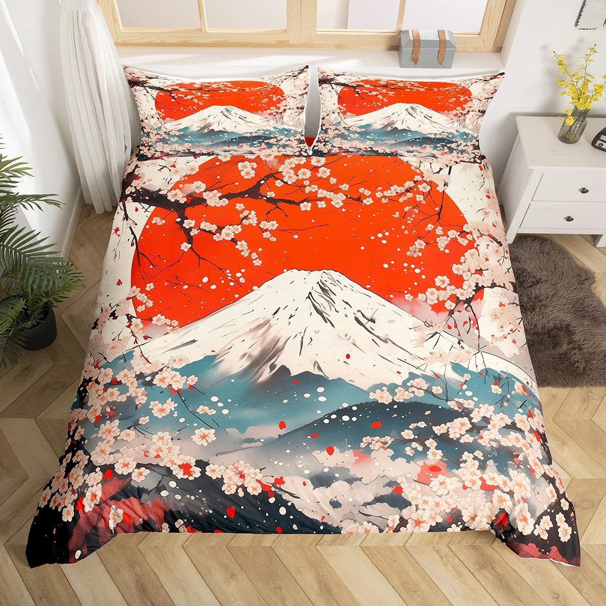 

Comforter Mount Fuji Twin Size Kids Cherry Blossoms Comforter Set For Boys Girls Teens Natural Scenery Art Bedding Set Comforter (quilt)-EU Single(135*200cm)3pcs