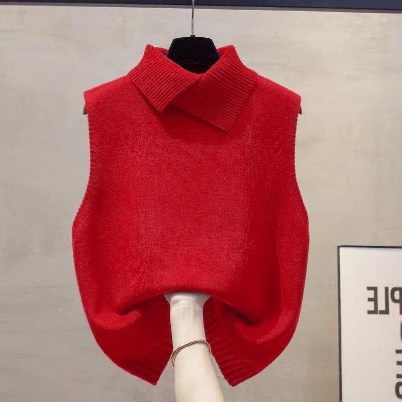 Otoño Invierno Coreano Color Sólido Solapa Sin Mangas Versátil Casual Chaleco Tejido Para Mujer