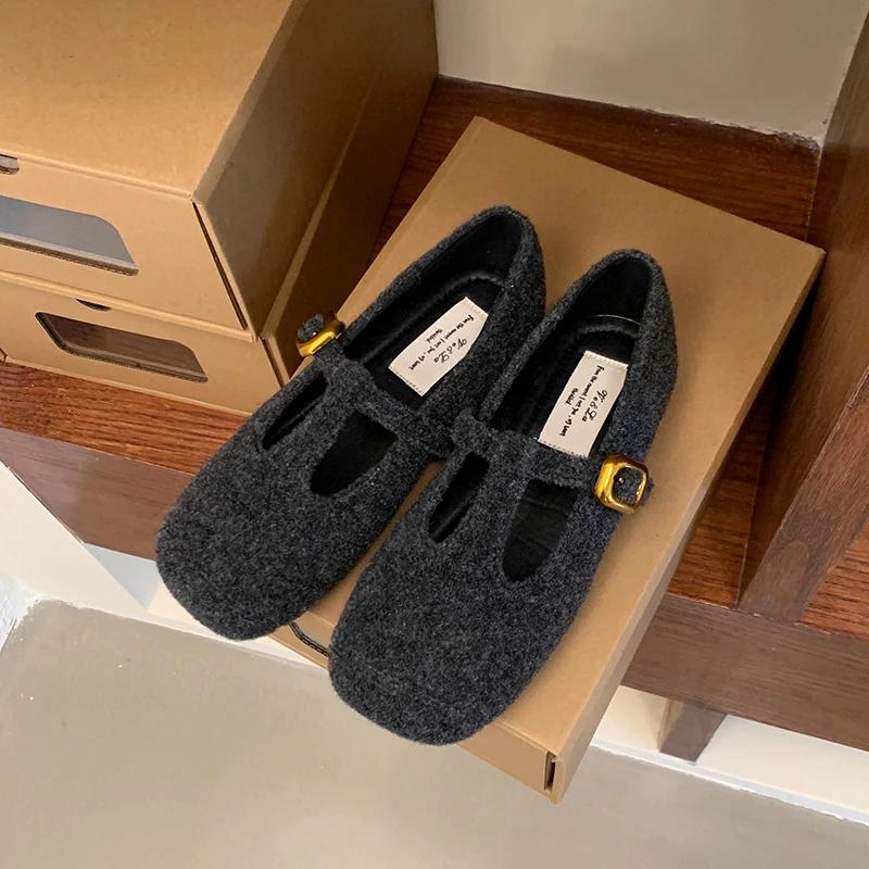 Fashion 2025 Autumn Woolen Fabric Women Flats Shoes Fashion Shallow Round Toe Shoes Ladies Comfort Ballet Style Mary Jane Shoes