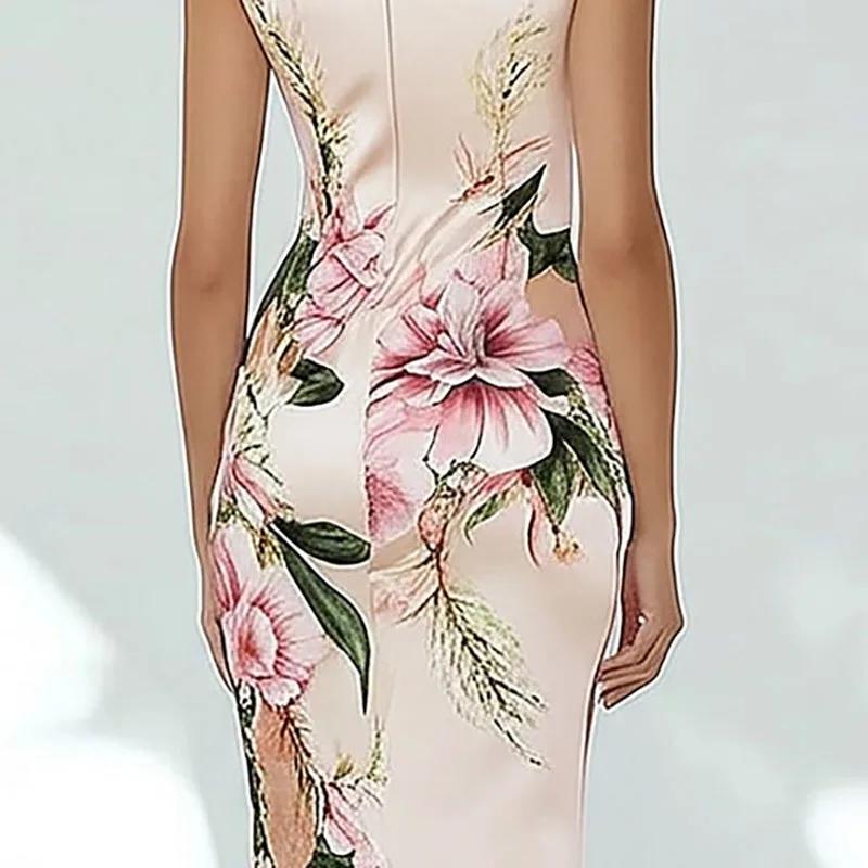 Elegant V Neck Commute Lady Dresses Retro Floral Print Slim Hip Dress for Woman Summer Sleeveless Back Zipper Holiday Dress