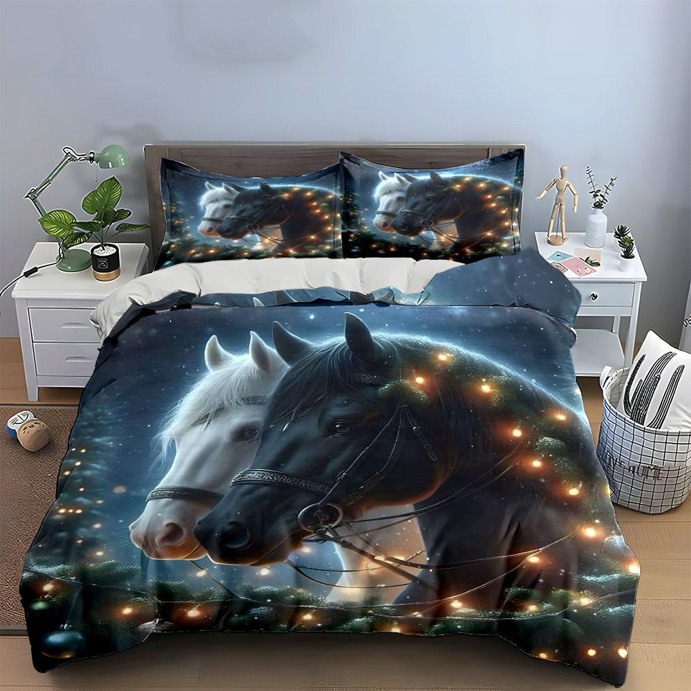 Elegant Horses Amid Festive Lights  Kid'S And Adults' Bedroom Decor, Exquisite Three-Piece Bedding Set Gift