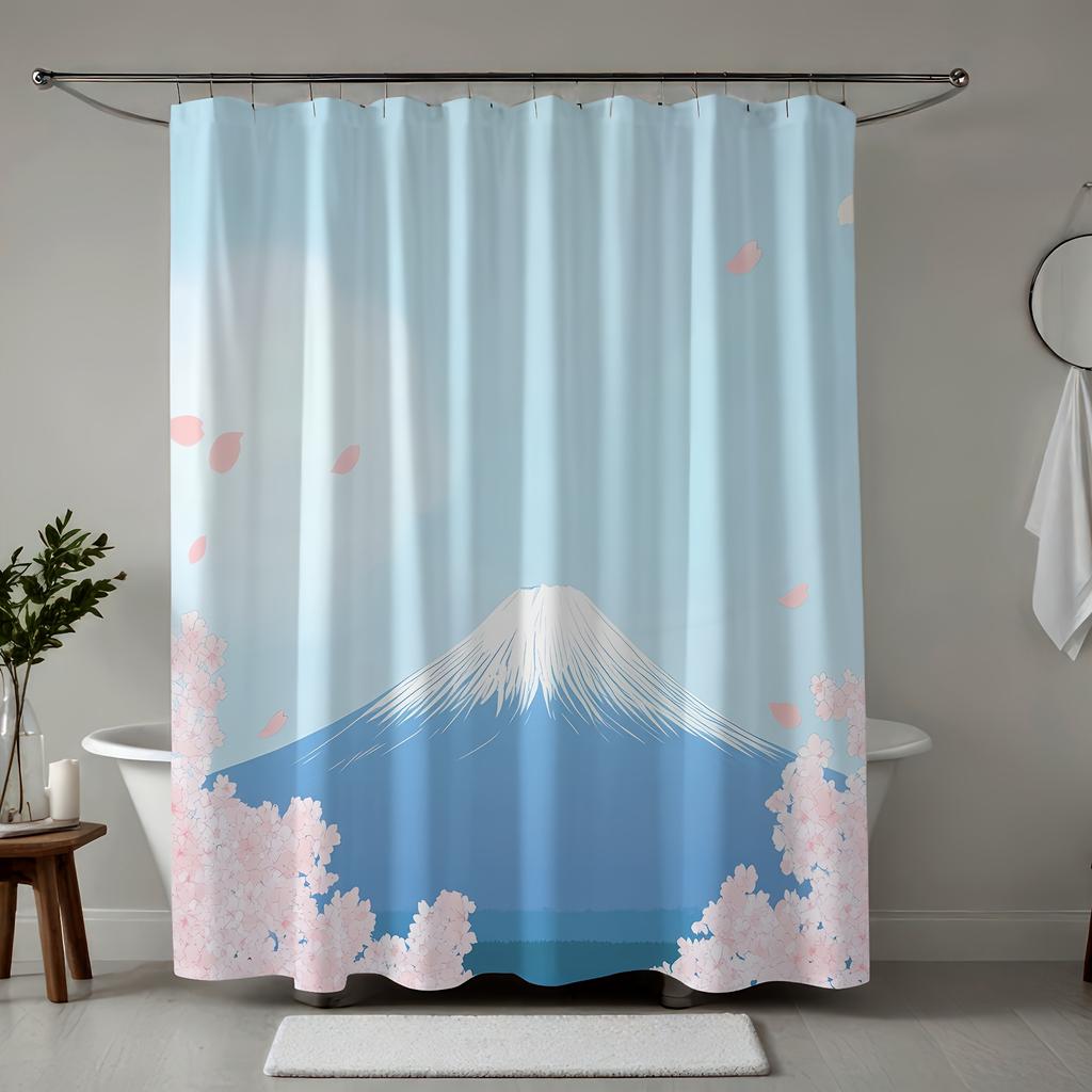 1 Piece Sakura And Mount Fuji Print Shower Curtain - Soft Polyester, Machine Washable, Suitable For All Seasons, With Hooks