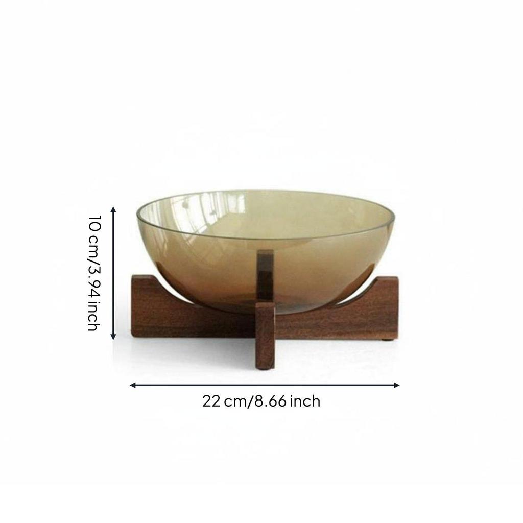 Glass Fruit Bowl with Wood Stand Elegant Design Tea-Tinted