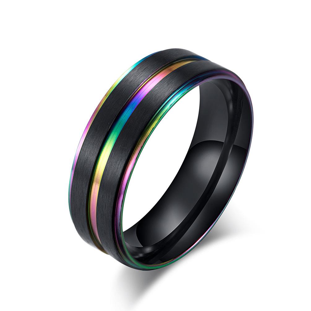 Inel Bărbați din Oțel Titan Bicolor cu Canelură Nisip Negru Spațial Inel Șapte Culori La Modă și Trendy