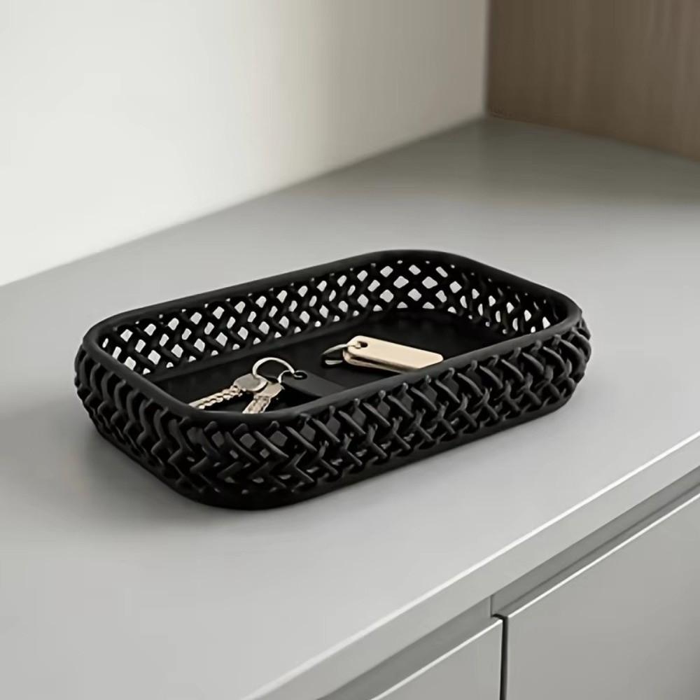 Imitation Rattan Desk Storage Tray Hollow Out Organizer Woven Storage Tray Simple Sundries Storage Dish Dressing Table