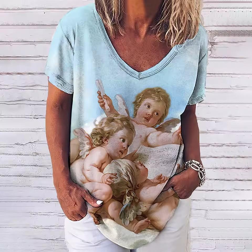 

Дизайнерские художественные масляные узоры женские футболки летняя мода V-образный вырез женская одежда топы уличные свободные короткие рукава футболка XL