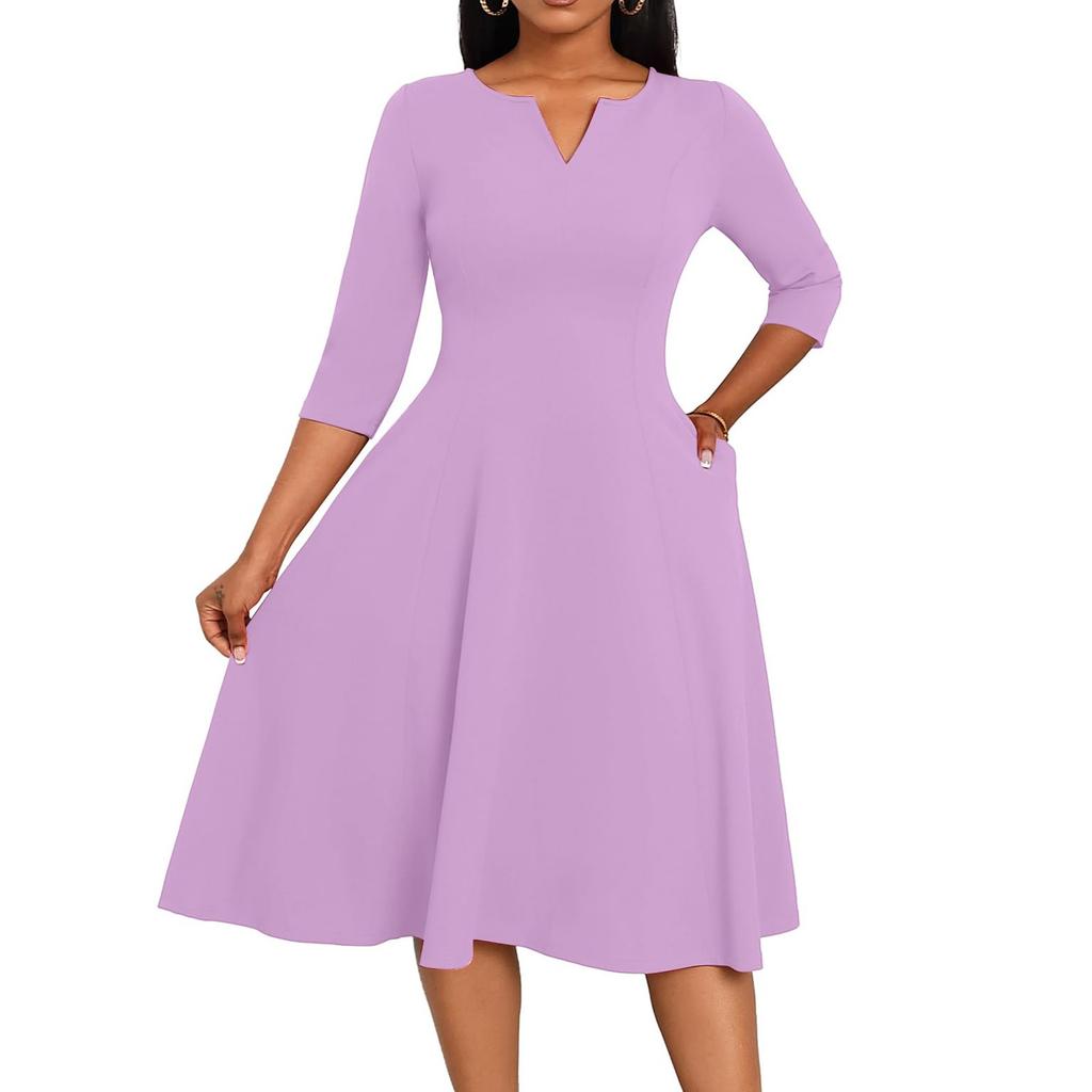 Women's A-Line Fit & Flare Skirt 3/4 Sleeves V-Neck Solid Color Cocktail Wedding Guest Overalls With Pockets Dress
