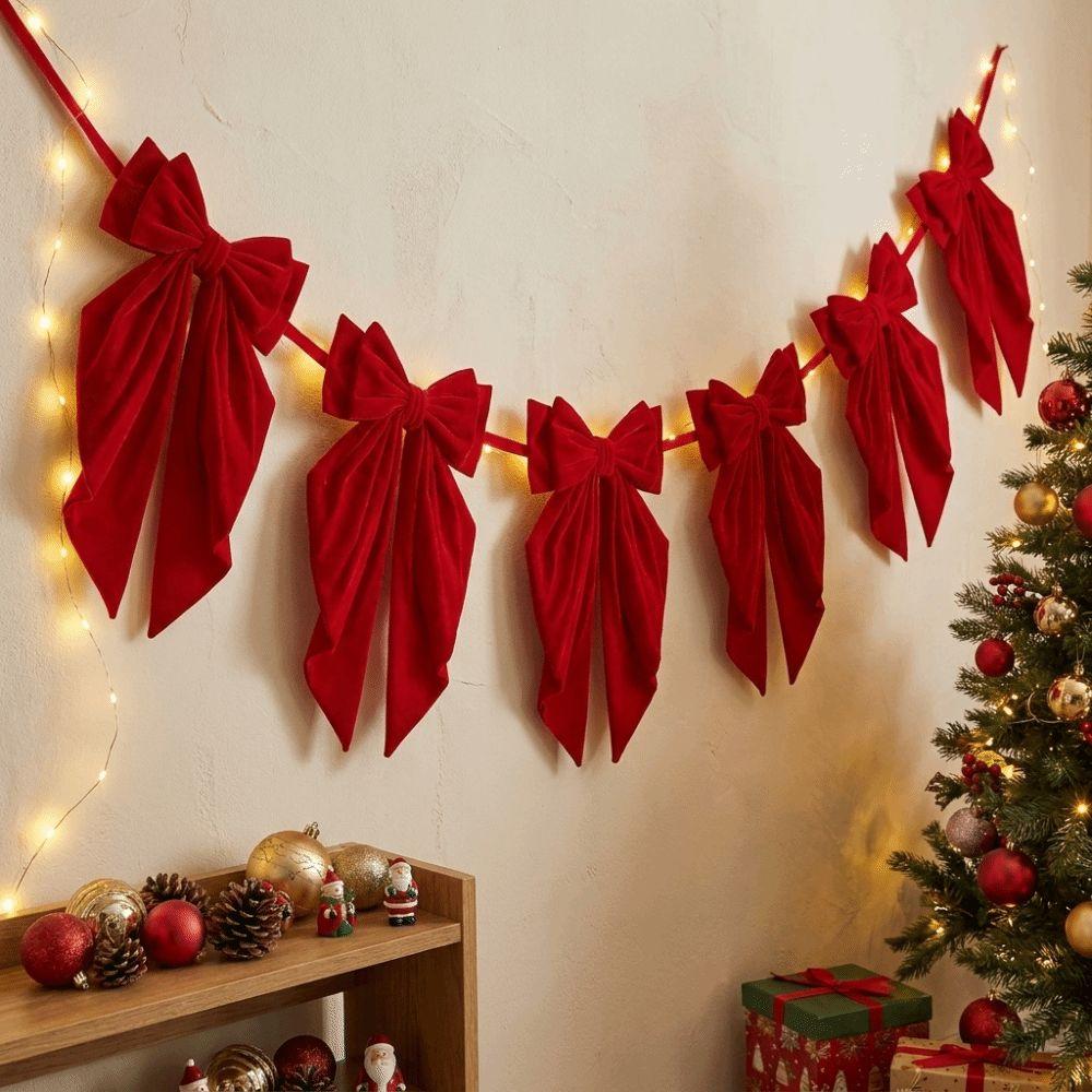 Handmade Red Bow Banner Reusable Christmas Velvet Ornament Exquisitely Bow Bunting Party