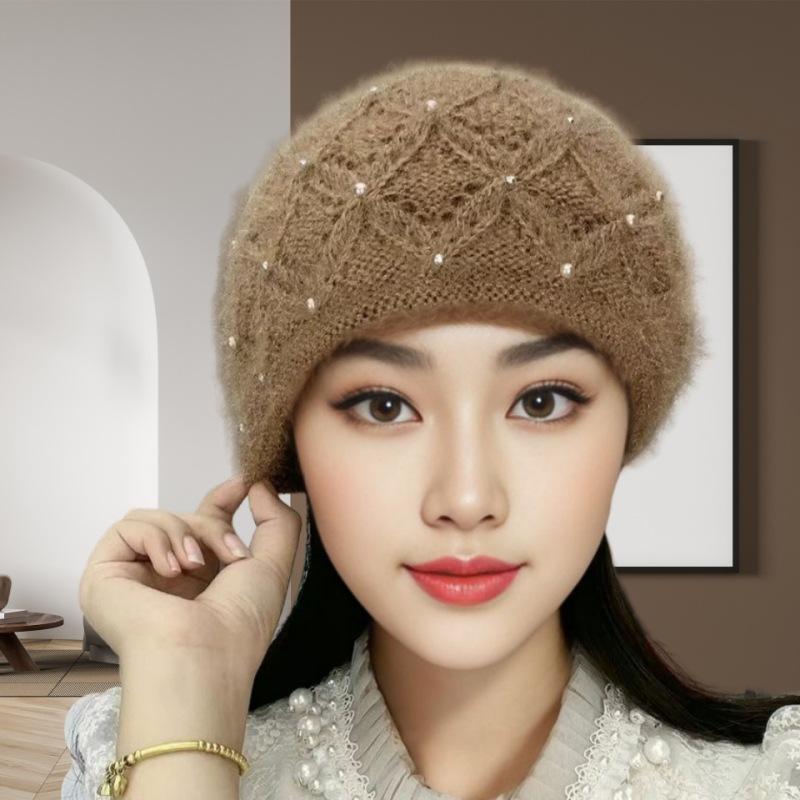 Korean version of fashion pearl headgear ear protection knitted heap hat winter handmade thickened warm mother wool hat women