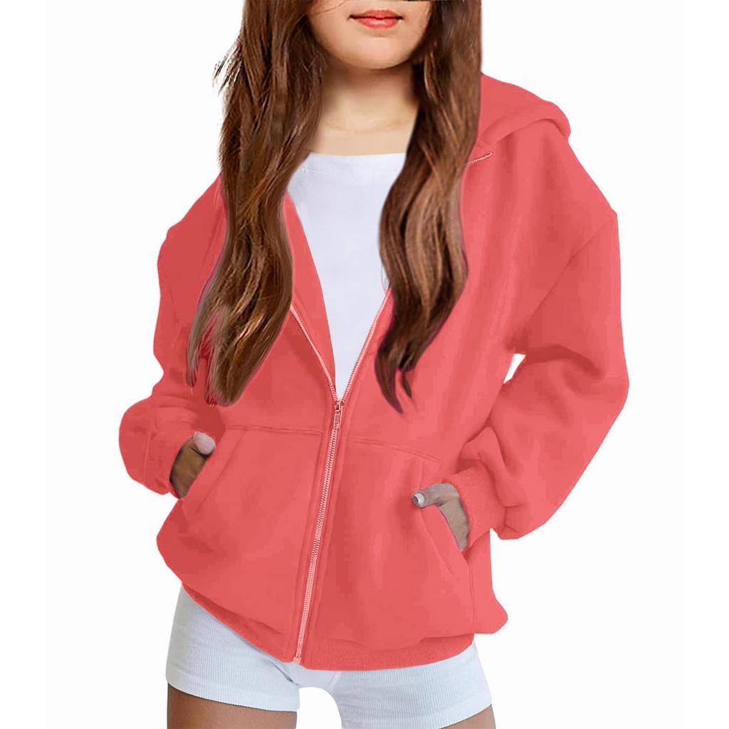 Children's Relaxed-Fit Zipper Hooded Sweatshirt Jacket Solid Color Hoodie With Pockets