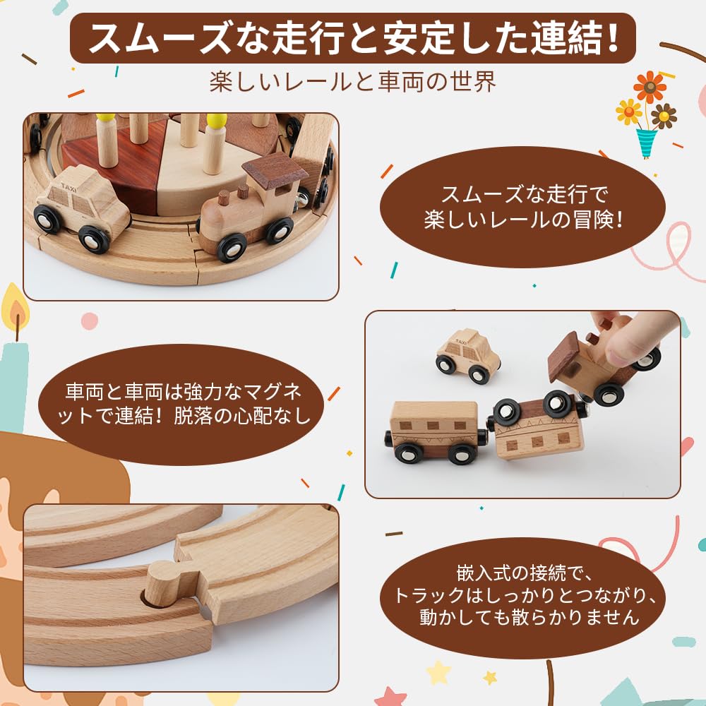 FlyCreat Building Blocks, Rail Blocks, Educational Toy - 52-Piece Assembly Wooden Toy, Montessori Toy, Car, Cake, Birthday Pretend Play, Wooden