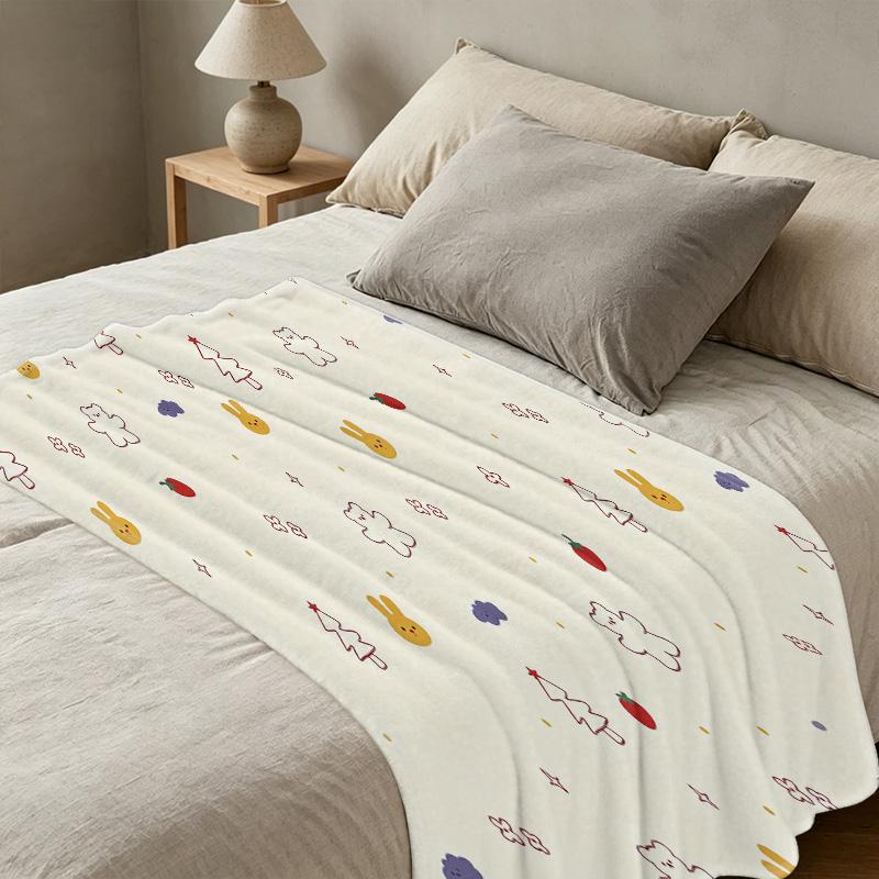 Thick Warm Flannel Blanket - Cartoon Bunny & Bear Print, Soft Cozy for Home Leisure, Guest Room Single Use, Ideal for Halloween & Christmas Decor