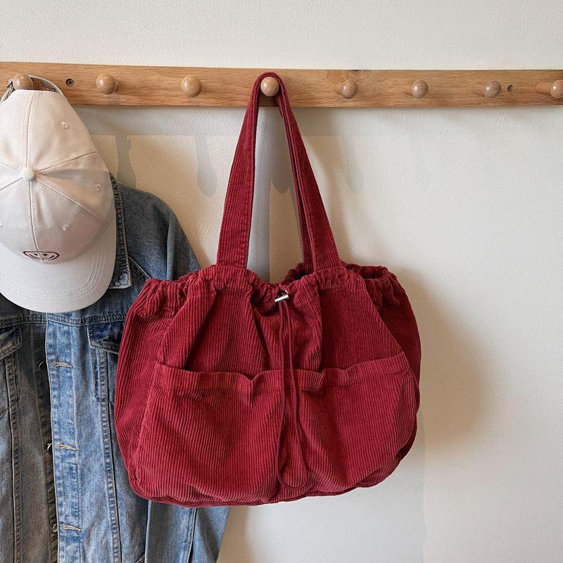 Japanese Retro Corduroy Handbag Canvas Large-Capacity Underarm Bag Fashion Drawstring Shoulder Women'S Bag