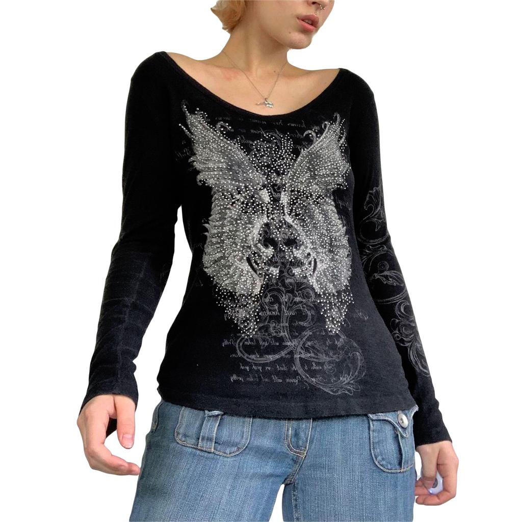 Women Trendy T-Shirt, Rhinestones Scoop Neck Long Sleeve Regular Fit Casual Tops Streetwear for Females, Black