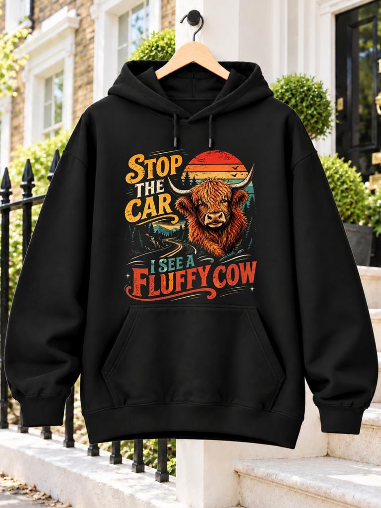 Stop The Car I See a Fluffy Cow Black with Shaggy Highland Cattle Portrait Sunset Mountains Forest And Winding Road Unisex Hoodie
