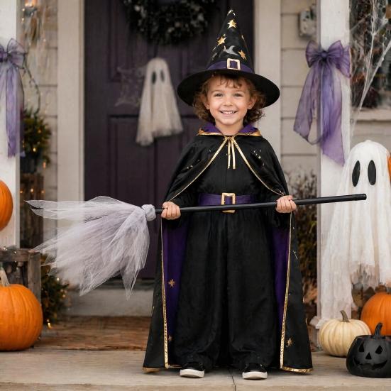 Party Photo Booth Props Halloween Witch Broom Prop, Detachable Mesh Wizard Broomstick for Spooky Costume Accessory Cosplay Stage Performance,