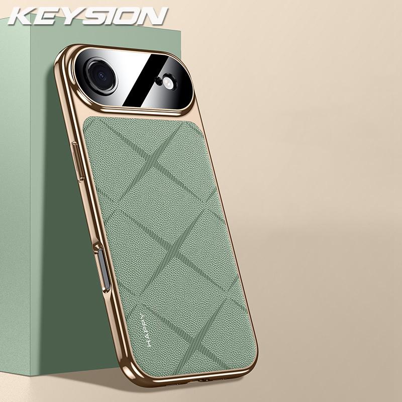 KEYSION Luxury Grid Pattern PU Leather Case for iPhone 17 Pro Max Plating TPU Camera Protection Phone Cover for iPhone 17 Air