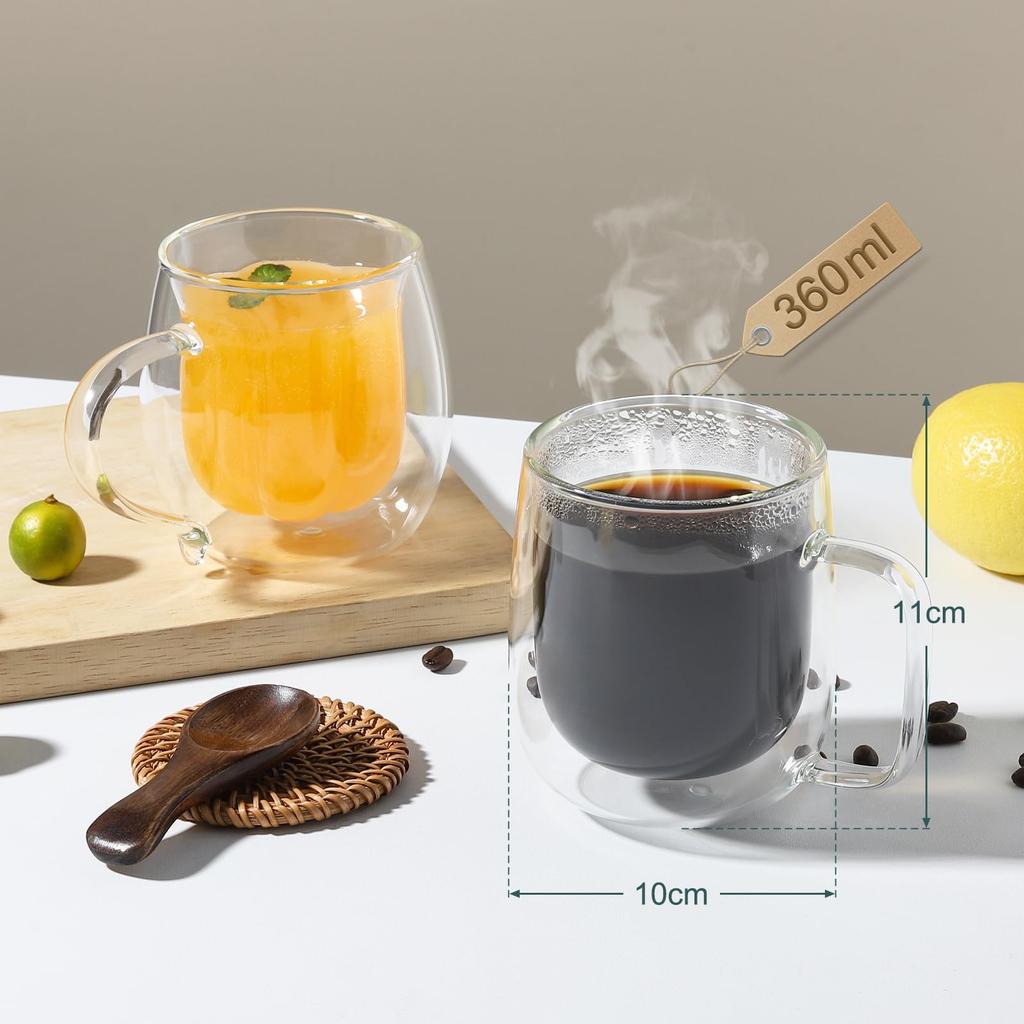 VKCHEF Glass for or with Set of Ideal for Office or Home Gift Double-Wall Cups, 360ml, Double-Walled, Heat-Resistant Glass, Insulated, Tea, Coffee,