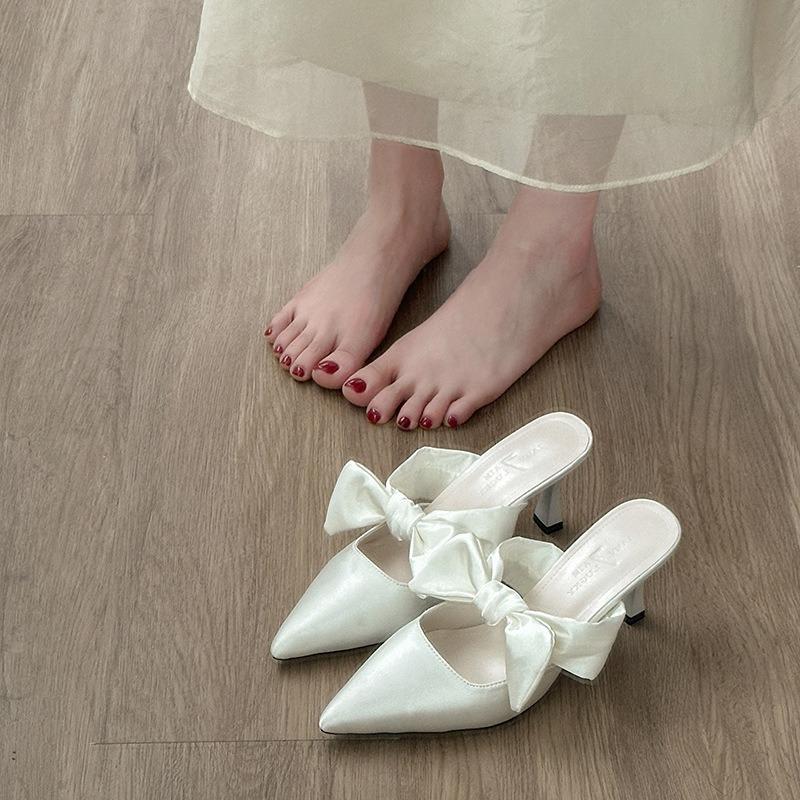 Women S Satin Pointed Toe Bow Thin Heel Half Slippers Summer