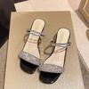 Korean Sle Women's Summer Faion Sandals Two-Way Wear Diamond Embellied Flat Heel Open-Toe Low Cut Rubber Outsole