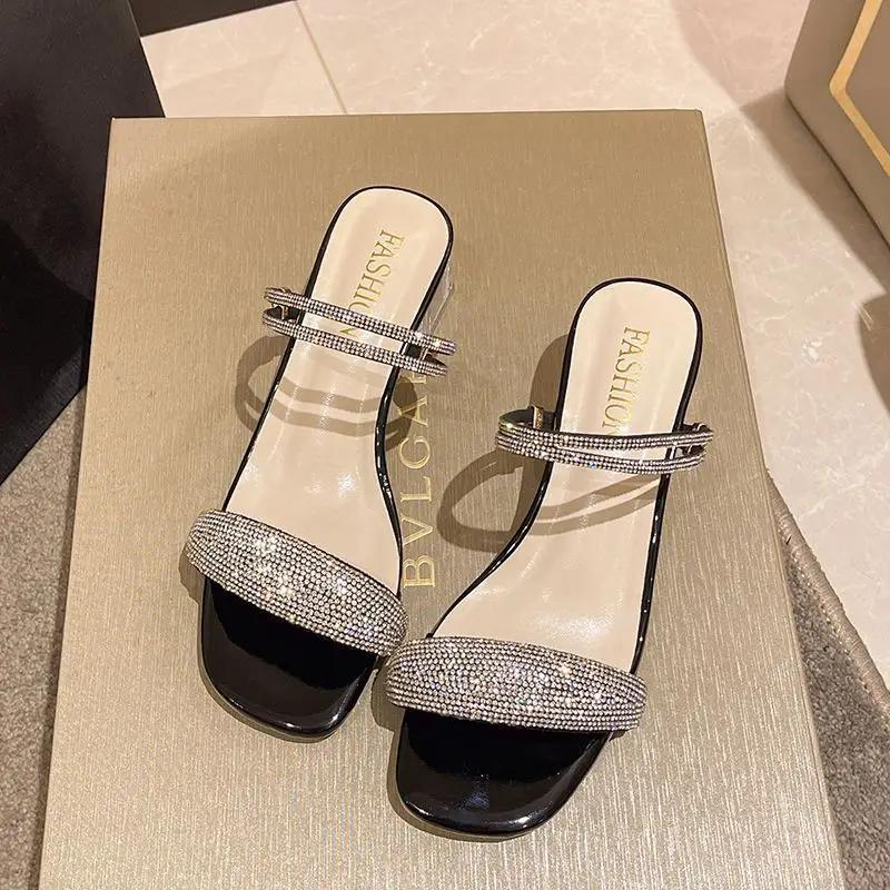 Korean Sle Women's Summer Faion Sandals Two-Way Wear Diamond Embellied Flat Heel Open-Toe Low Cut Rubber Outsole