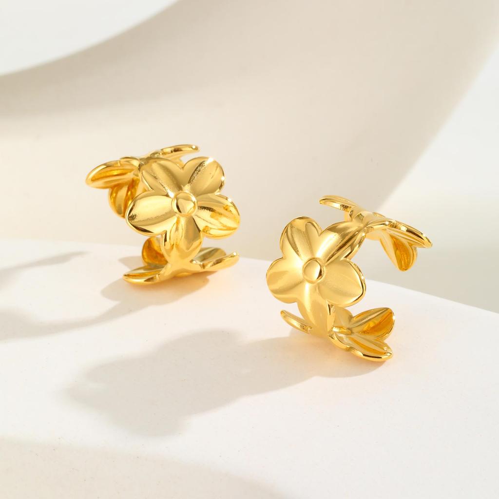 Minimalist Flower Open Chunky Ear Cuff for Women, Stainless Steel Fake Piercing Clip on Earrings, Trendy Ear Bone Clip Jewelry